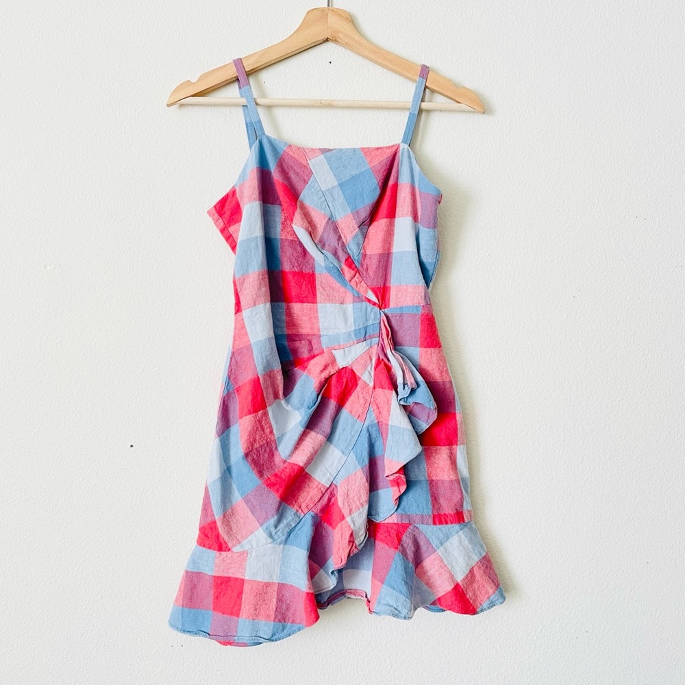 Parker SIZE 2 Flynn linen red blue plaid ruffle mini dress